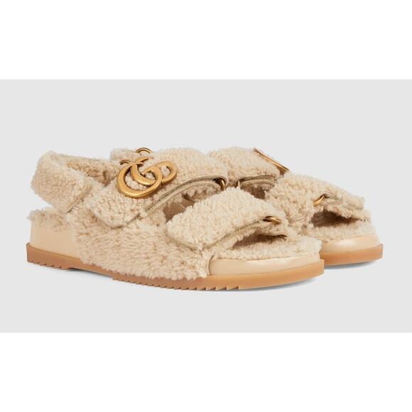Gucci Double G Marmont Fur Shearling Double Strap Dad Sandal Tan 38.5 - Picture 1 of 9